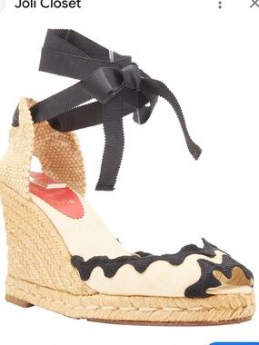 Christian Louboutin Beige Espadrille Wedges with Black Scalloped Trim